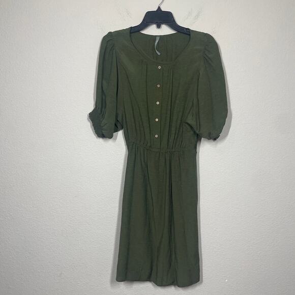 By Anthropologie Medium Nicole Linen Puff Sleeve Shift Dress Green Button Up - Picture 3 of 13